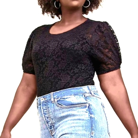 ❤️NWT VINTAGE TORRID TEE - PUFF SLEEVE - SHEER LACE - BLACK - PLUS SIZE - Picture 3 of 13